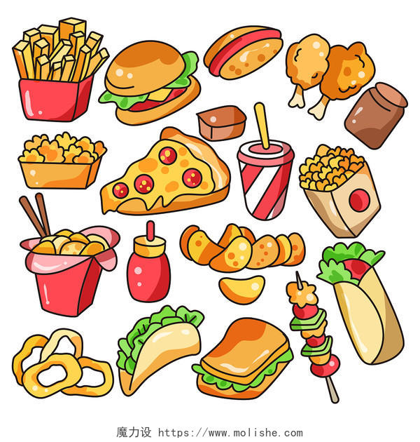 卡通夏天食物汉堡野餐套图原创插画素材png